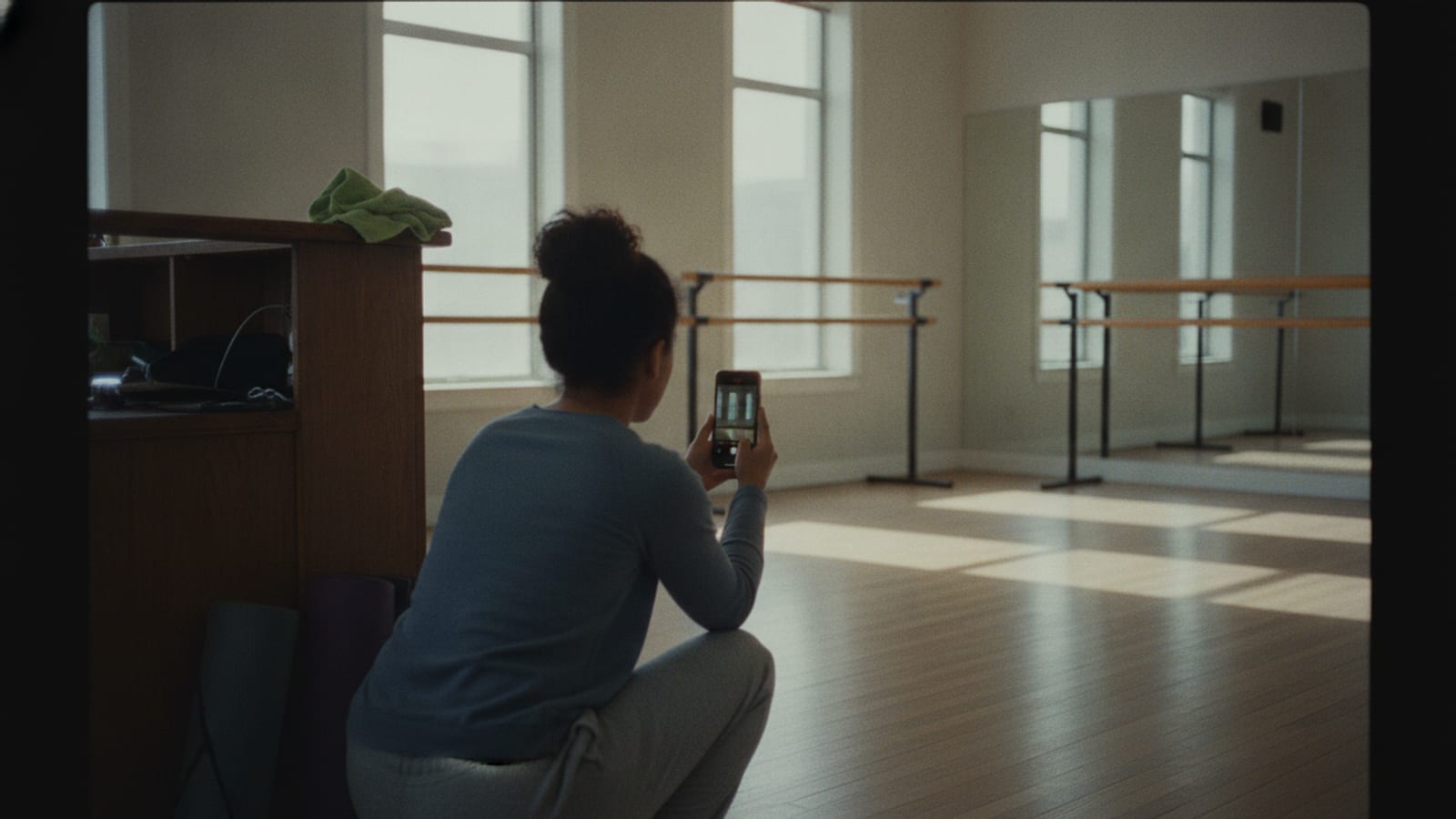 A studio owner crouched by her reception desk in early morning light, photographing the empty barre room on her phone before the first class arrives.