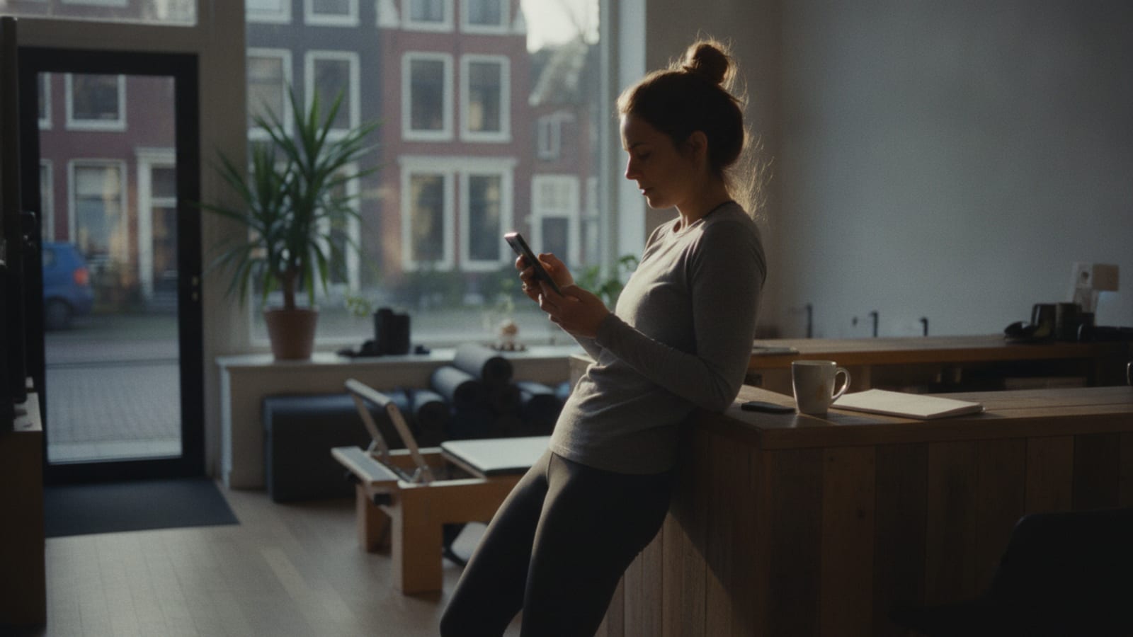 A studio owner leaning on the front desk of a small Pilates studio, reading something on her phone between classes, morning light from the street window