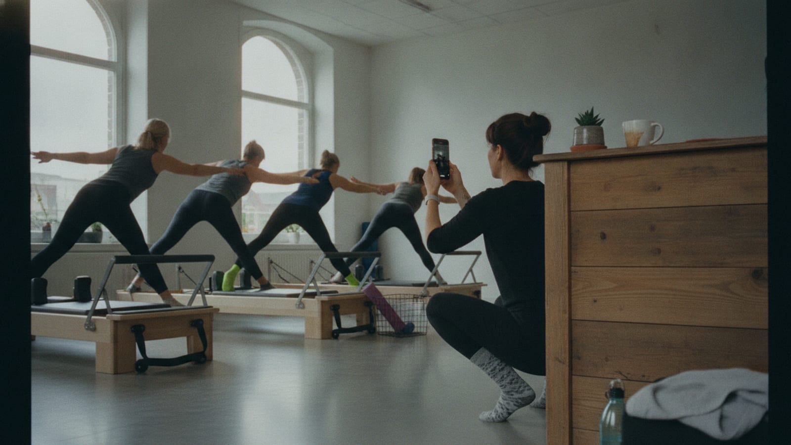 A studio owner in socks crouching by the reception desk of a small Rotterdam Pilates studio, filming a class on her phone from behind the back row of reformers.