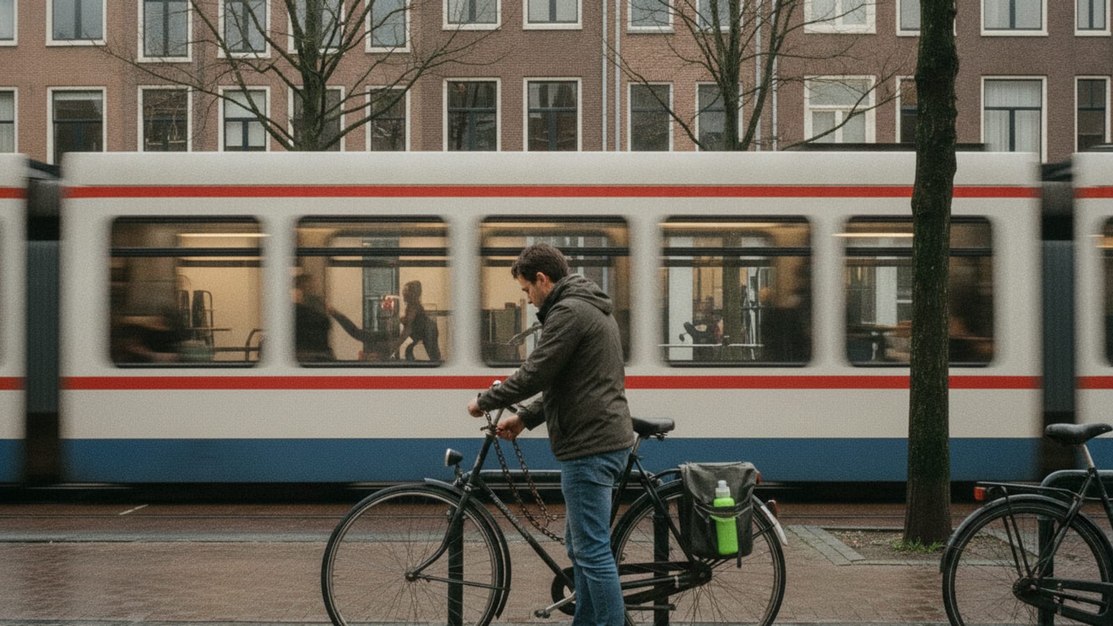 Someone locking a bicycle outside a boutique fitness studio on a Rotterdam street, the studio window and a passing tram in the background