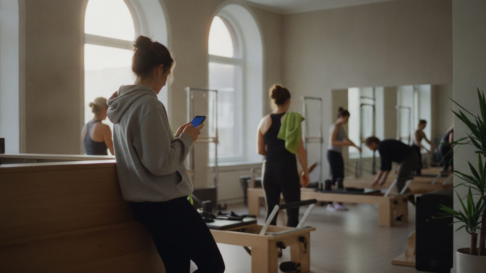 A studio owner in leggings and a hoodie leaning on the reception desk of a small Rotterdam Pilates studio, seen from behind, scrolling her phone while a reformer class packs up in the background.