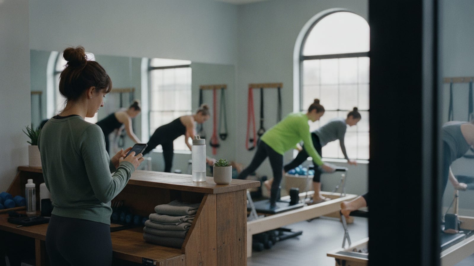 A trainer at the reception desk typing a quick reply on her phone while a class finishes on the reformers behind her