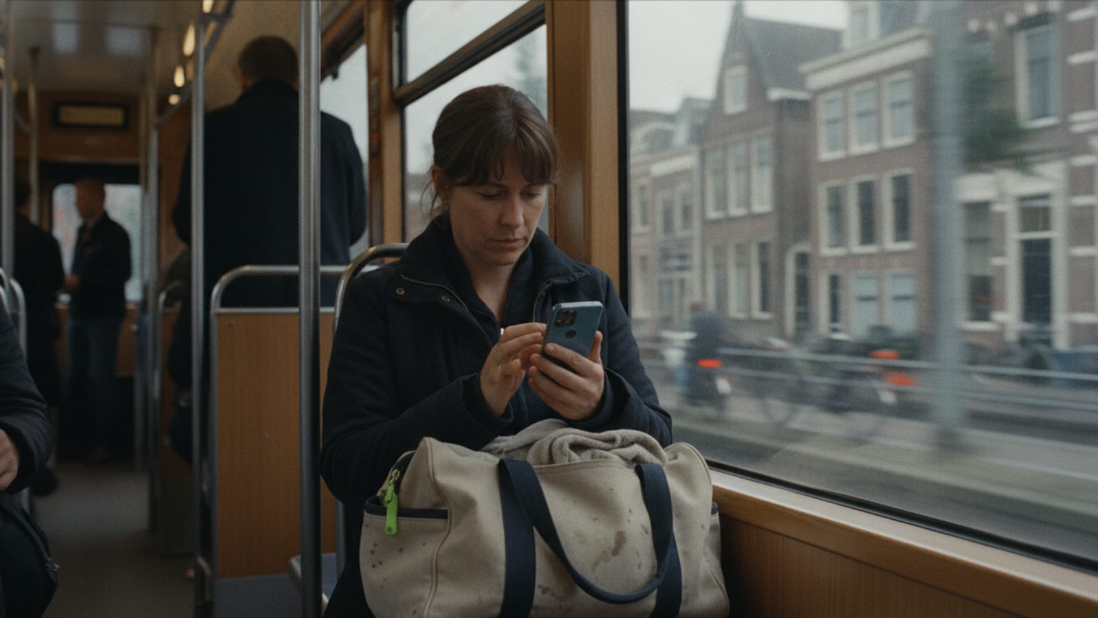 A woman on a tram checking her phone with a gym bag on her lap, seen from the seat behind, city passing outside the window