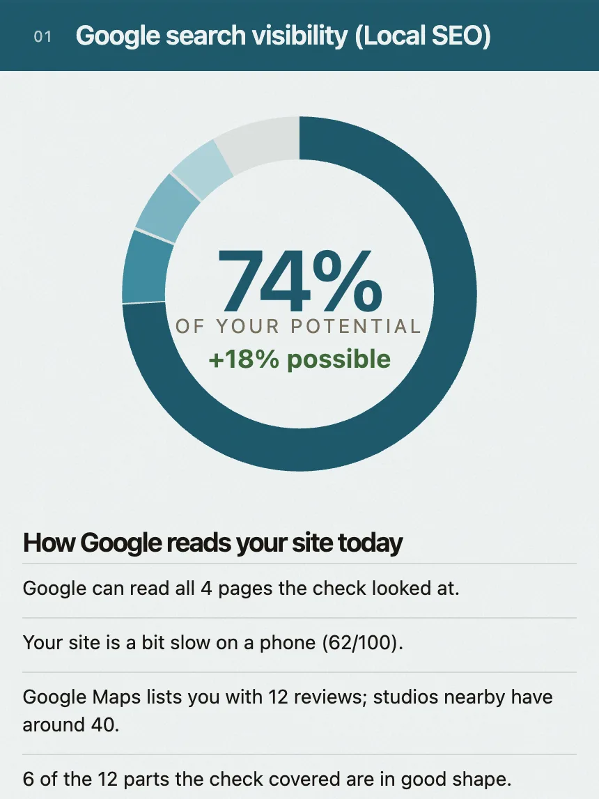The Google part of an example report: a score ring at 74% of the potential, and how Google reads the site today